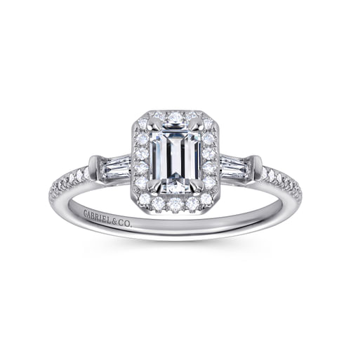 14K White Gold Three Stone Halo Emerald Cut Diamond Channel Set Engagement Ring