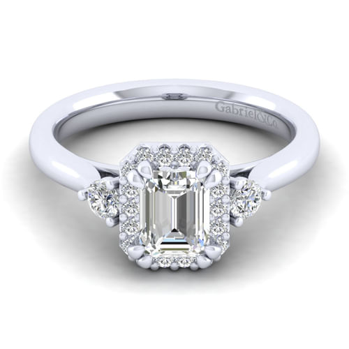 14K White Gold Three Stone Halo Emerald Cut Diamond Engagement Ring