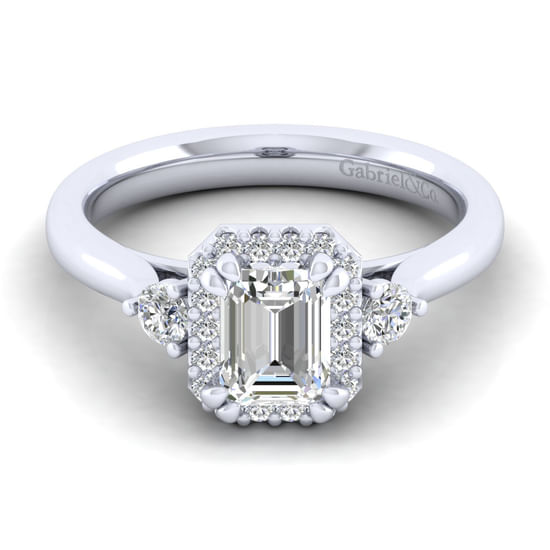 Gabriel - 14K White Gold Three Stone Halo Emerald Cut Diamond Engagement Ring