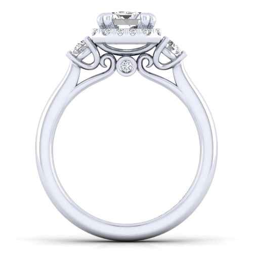 14K White Gold Three Stone Halo Emerald Cut Diamond Engagement Ring