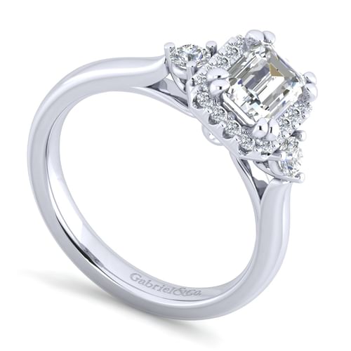 14K White Gold Three Stone Halo Emerald Cut Diamond Engagement Ring