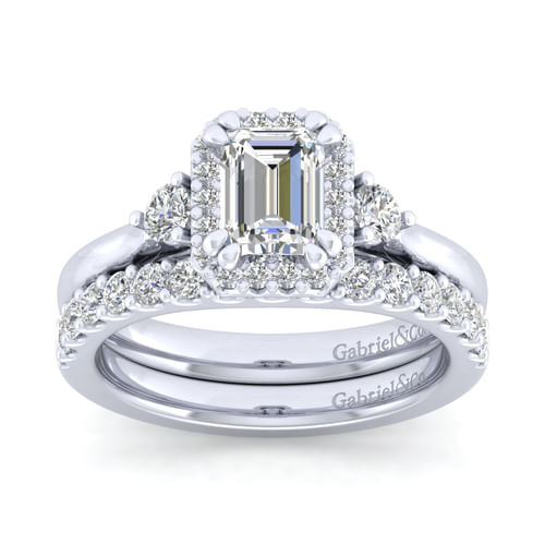 14K White Gold Three Stone Halo Emerald Cut Diamond Engagement Ring