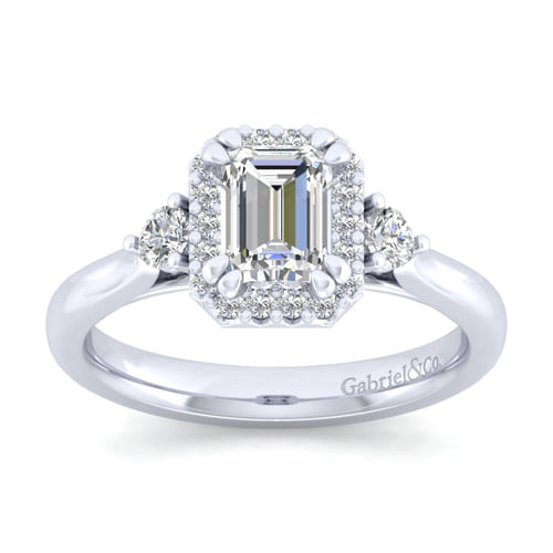 14K White Gold Three Stone Halo Emerald Cut Diamond Engagement Ring