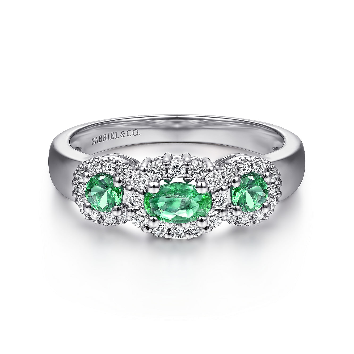 14K White Gold Three Stone Halo Emerald and Diamond Ring