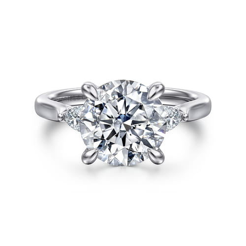 14K White Gold Three Stone Round Lotus Diamond Engagement Ring