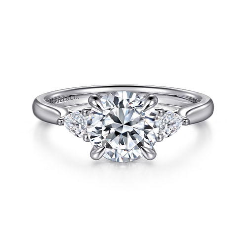 14K White Gold Three Stone Round Lotus Diamond Engagement Ring