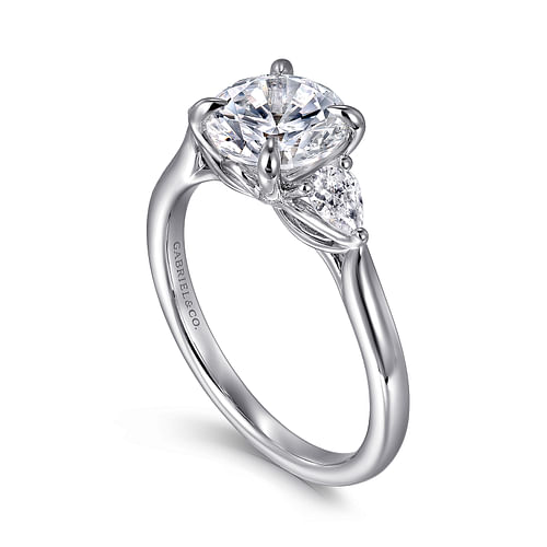 14K White Gold Three Stone Round Lotus Diamond Engagement Ring