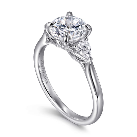 14K White Gold Three Stone Round Lotus Diamond Engagement Ring angle 3