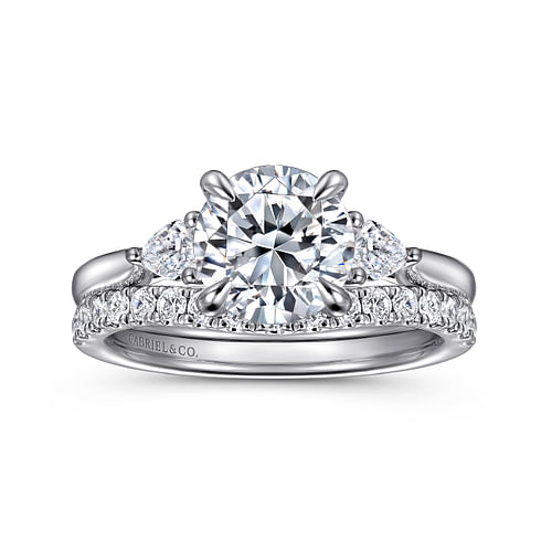 14K White Gold Three Stone Round Lotus Diamond Engagement Ring