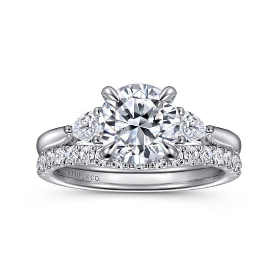 14K White Gold Three Stone Round Lotus Diamond Engagement Ring angle 4