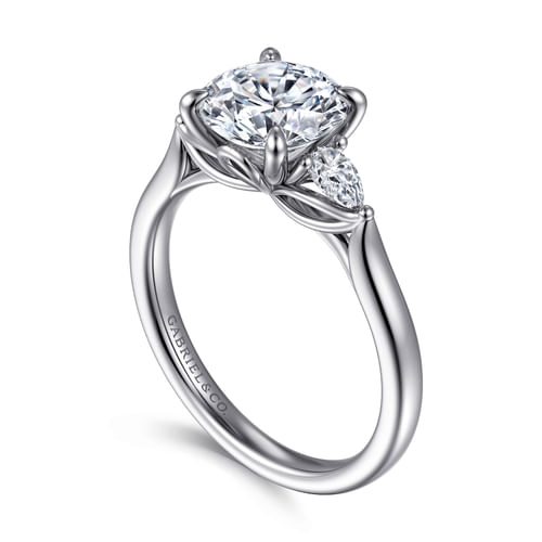 14K White Gold Three Stone Round Lotus Diamond Engagement Ring