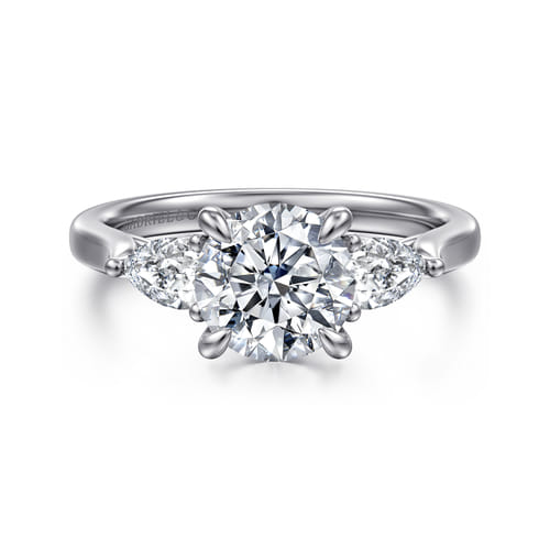 14K White Gold Three Stone Round Lotus Diamond Engagement Ring