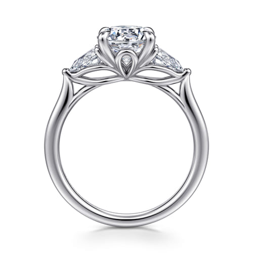 14K White Gold Three Stone Round Lotus Diamond Engagement Ring