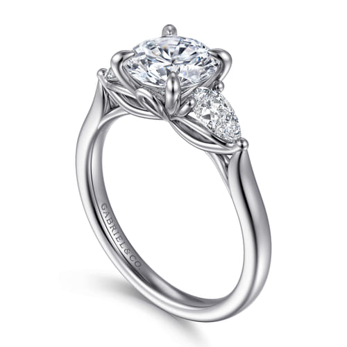 14K White Gold Three Stone Round Lotus Diamond Engagement Ring