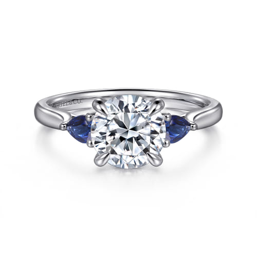 14K White Gold Three Stone Round Lotus Sapphire and Diamond Engagement Ring