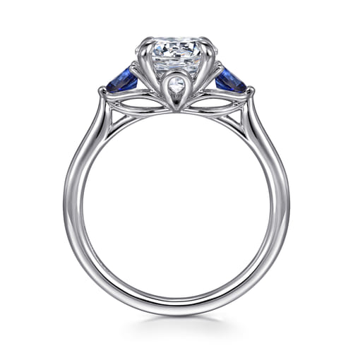 14K White Gold Three Stone Round Lotus Sapphire and Diamond Engagement Ring