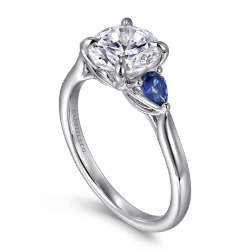 14K White Gold Three Stone Round Lotus Sapphire and Diamond Engagement Ring