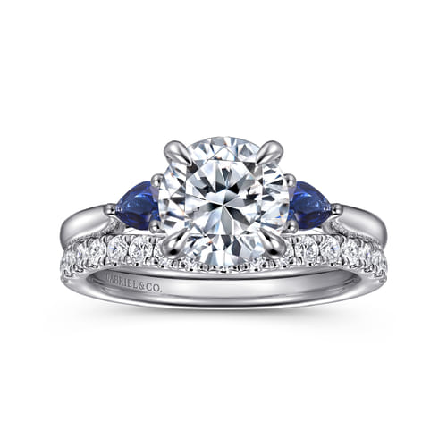 14K White Gold Three Stone Round Lotus Sapphire and Diamond Engagement Ring