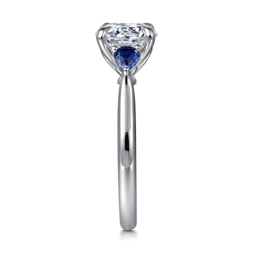 14K White Gold Three Stone Round Lotus Sapphire and Diamond Engagement Ring