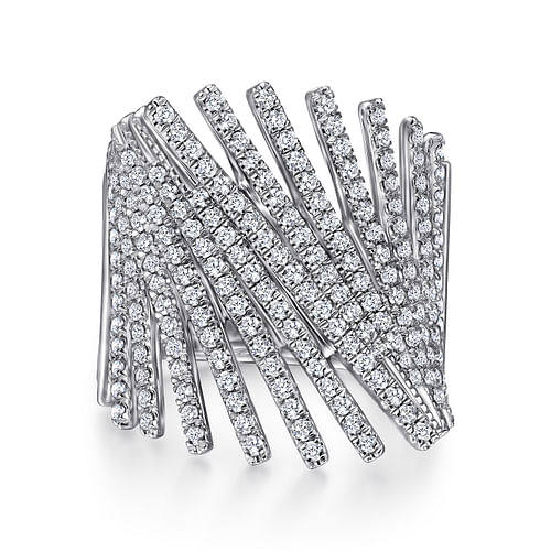 14K White Gold Tilted Diamond Bars Statement Ring