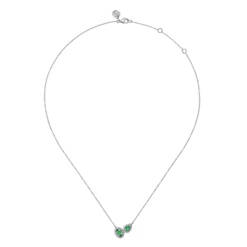 14K White Gold Toi et Moi Emerald and Diamond Halo Necklace