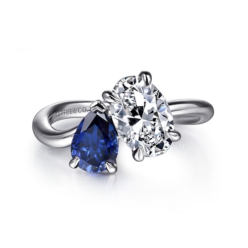 14K White Gold Toi et Moi Oval Sapphire and Diamond Engagement Ring