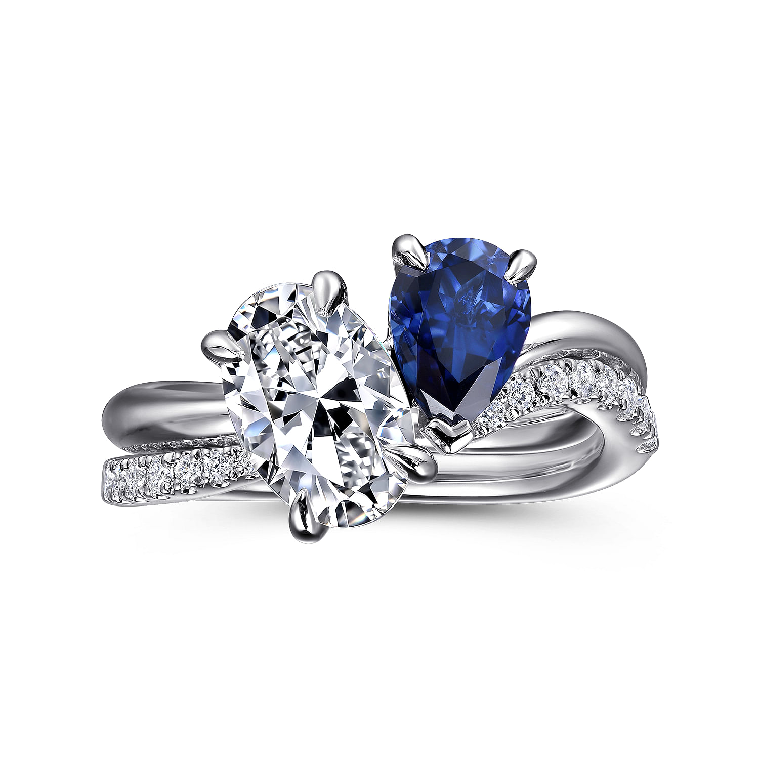 14K White Gold Toi et Moi Oval Sapphire and Diamond Engagement Ring