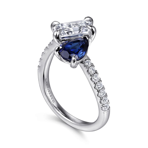 14K White Gold Toi et Moi Oval Sapphire and Diamond Engagement Ring