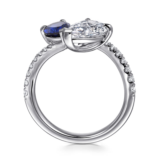 14K White Gold Toi et Moi Pear Shape Sapphire and Diamond Engagement Ring angle 2