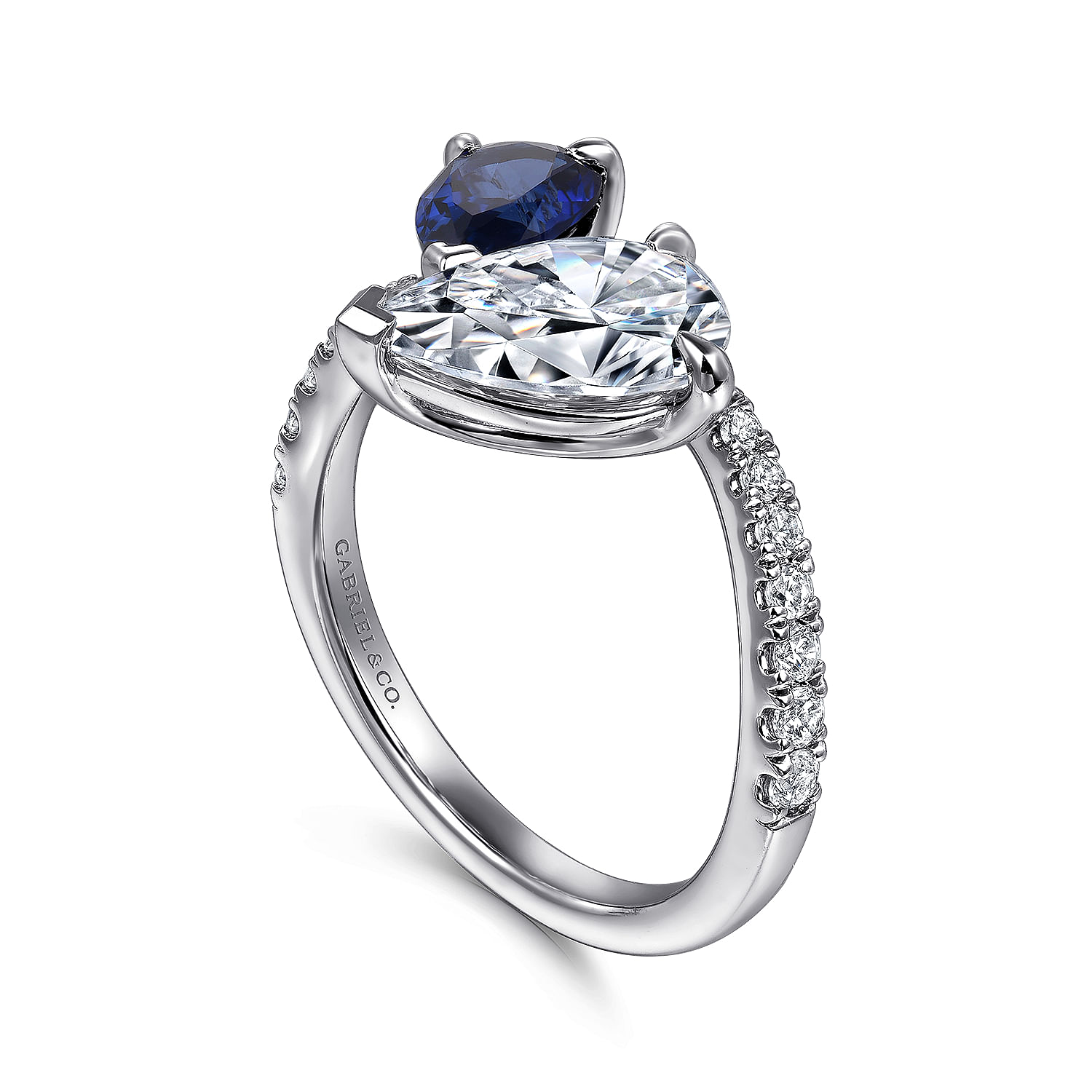 14K White Gold Toi et Moi Pear Shape Sapphire and Diamond Engagement Ring