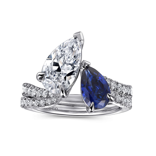 14K White Gold Toi et Moi Pear Shape Sapphire and Diamond Engagement Ring