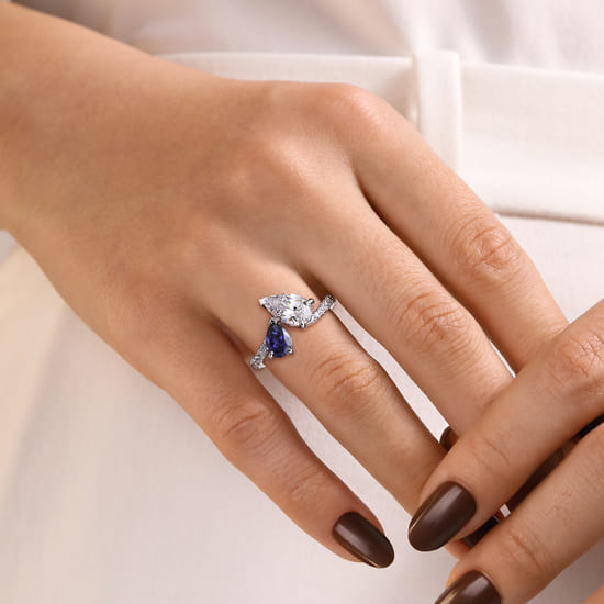 14K White Gold Toi et Moi Pear Shape Sapphire and Diamond Engagement Ring angle 6