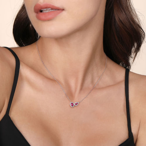 14K White Gold Toi et Moi Ruby and Diamond Halo Necklace