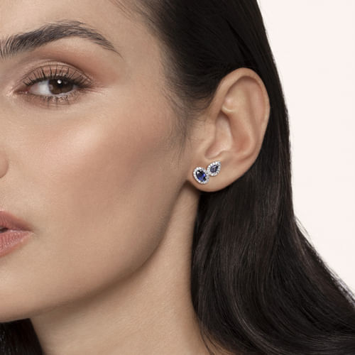 14K White Gold Toi et Moi Sapphire and Diamond Halo Stud Earrings