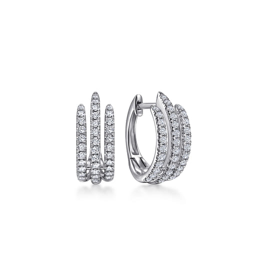 14K White Gold Triple Row Diamond Huggies