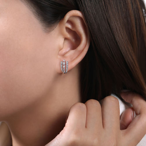 14K White Gold Triple Row Diamond Stud Earrings