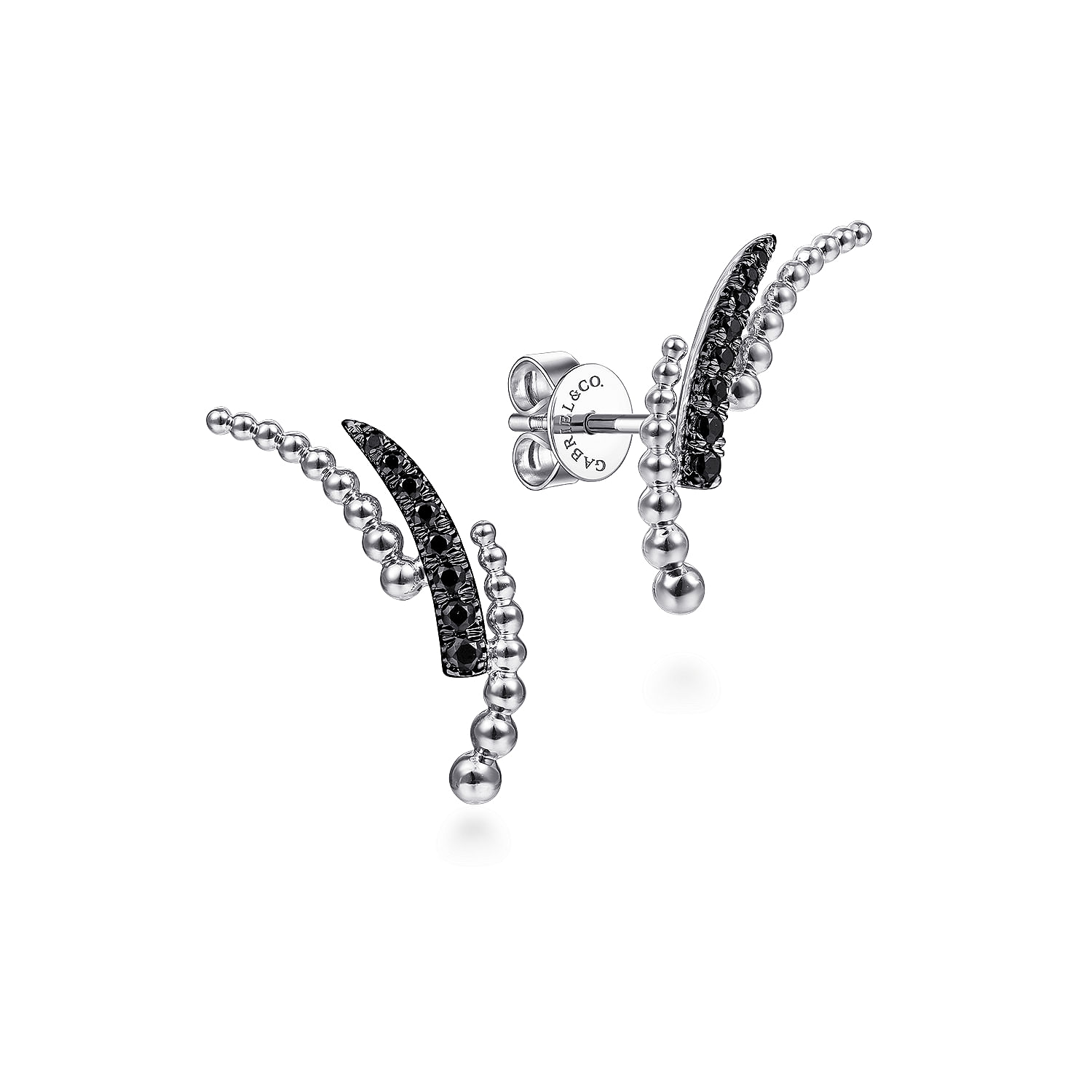 14K White Gold Triple Split Curved Bar Bujukan Black Diamond Stud Earrings