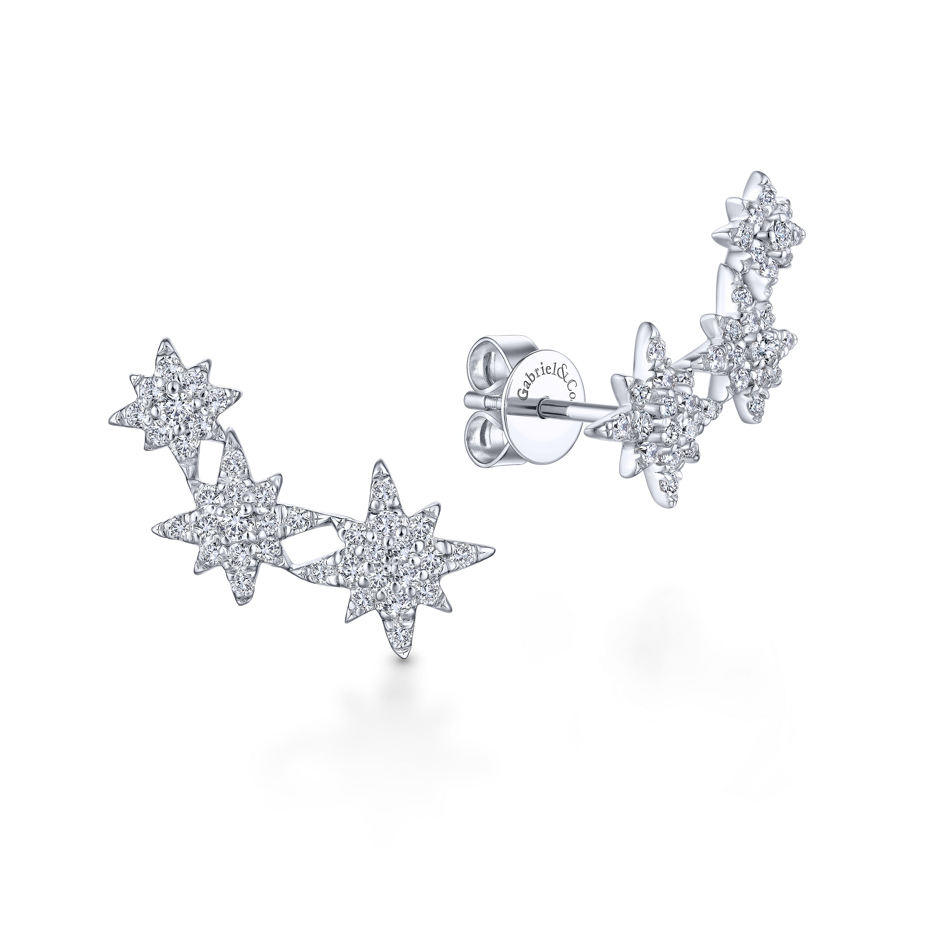14K White Gold Triple Star Curved Stud Diamond Earrings