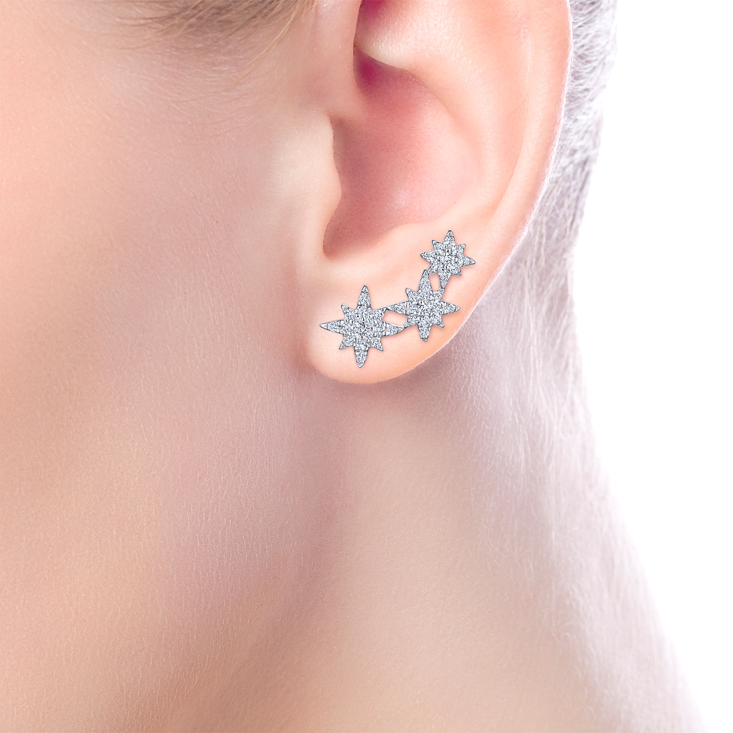 14K White Gold Triple Star Curved Stud Diamond Earrings