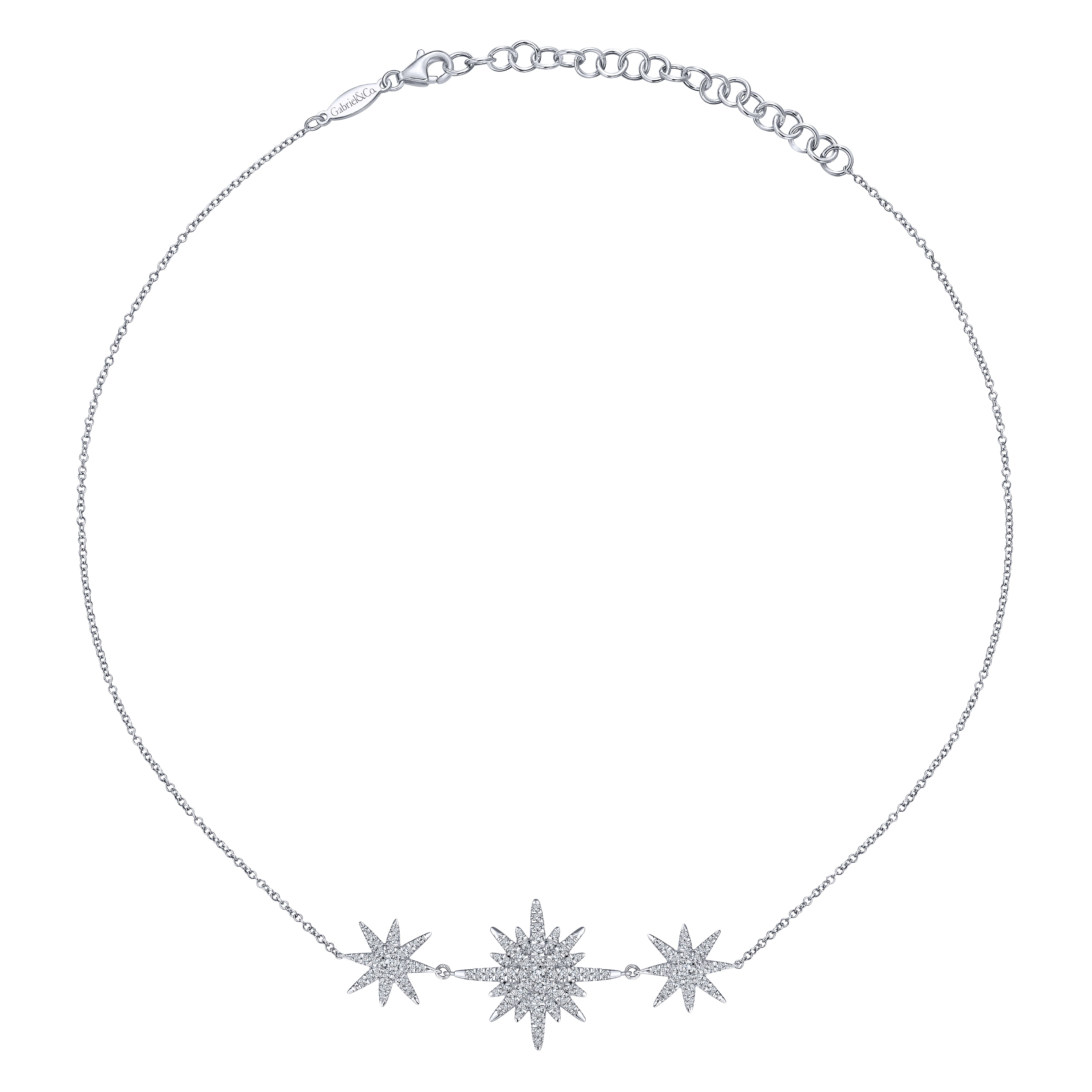 14K White Gold Triple Starburst Diamond Choker Necklace