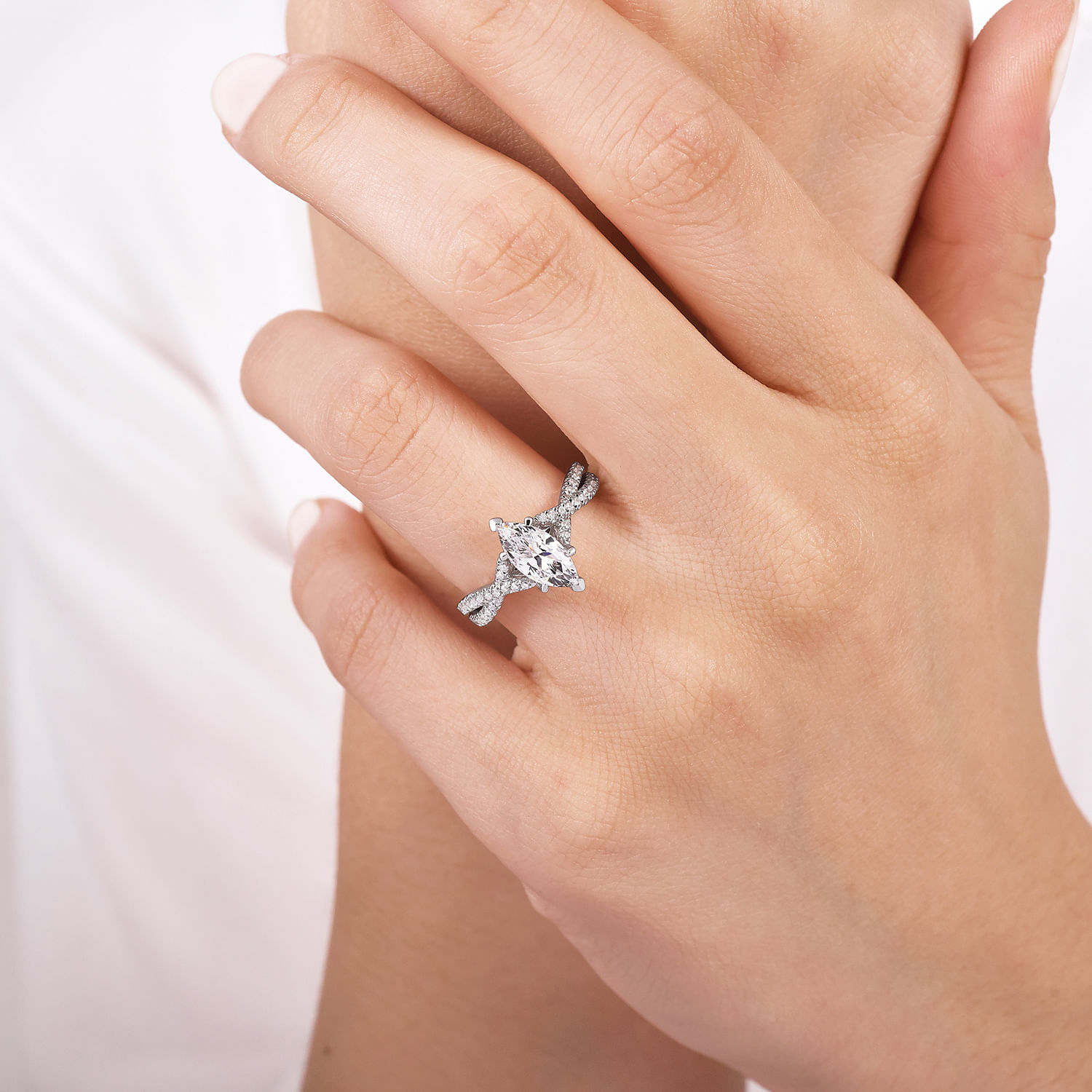 14K White Gold Twisted  Marquise Shape Diamond Engagement Ring