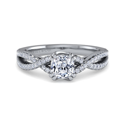 14K White Gold Twisted Cushion Cut Diamond Engagement Ring