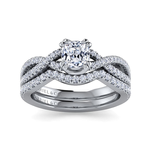 14K White Gold Twisted Cushion Cut Diamond Engagement Ring