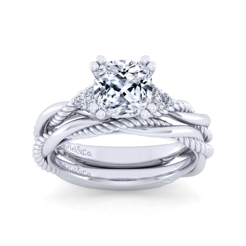 14K White Gold Twisted Cushion Cut Diamond Engagement Ring