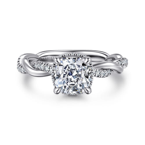 14K White Gold Twisted Cushion Halo Diamond Engagement Ring
