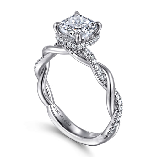 14K White Gold Twisted Cushion Halo Diamond Engagement Ring