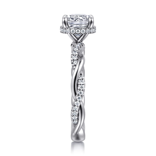 14K White Gold Twisted Cushion Halo Diamond Engagement Ring