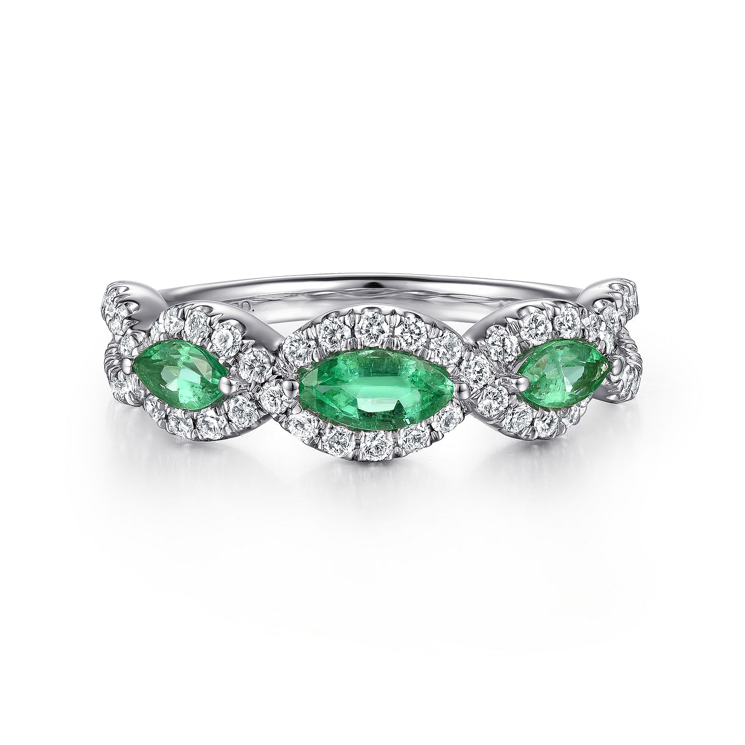 14K White Gold Twisted Diamond Rows and Emerald Marquise Stones Ring