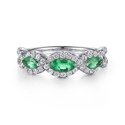 14K White Gold Twisted Diamond Rows and Emerald Marquise Stones Ring