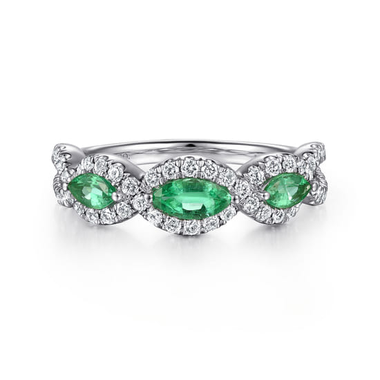 14K White Gold Twisted Diamond Rows and Emerald Marquise Stones Ring 14K White Gold Twisted Diamond Rows and Emerald Marquise Stones Ring